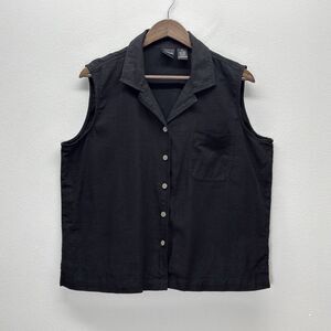 Sleeveless Linen Blend Button Up Shirt Women Size XL Black Minimal Quiet Luxury